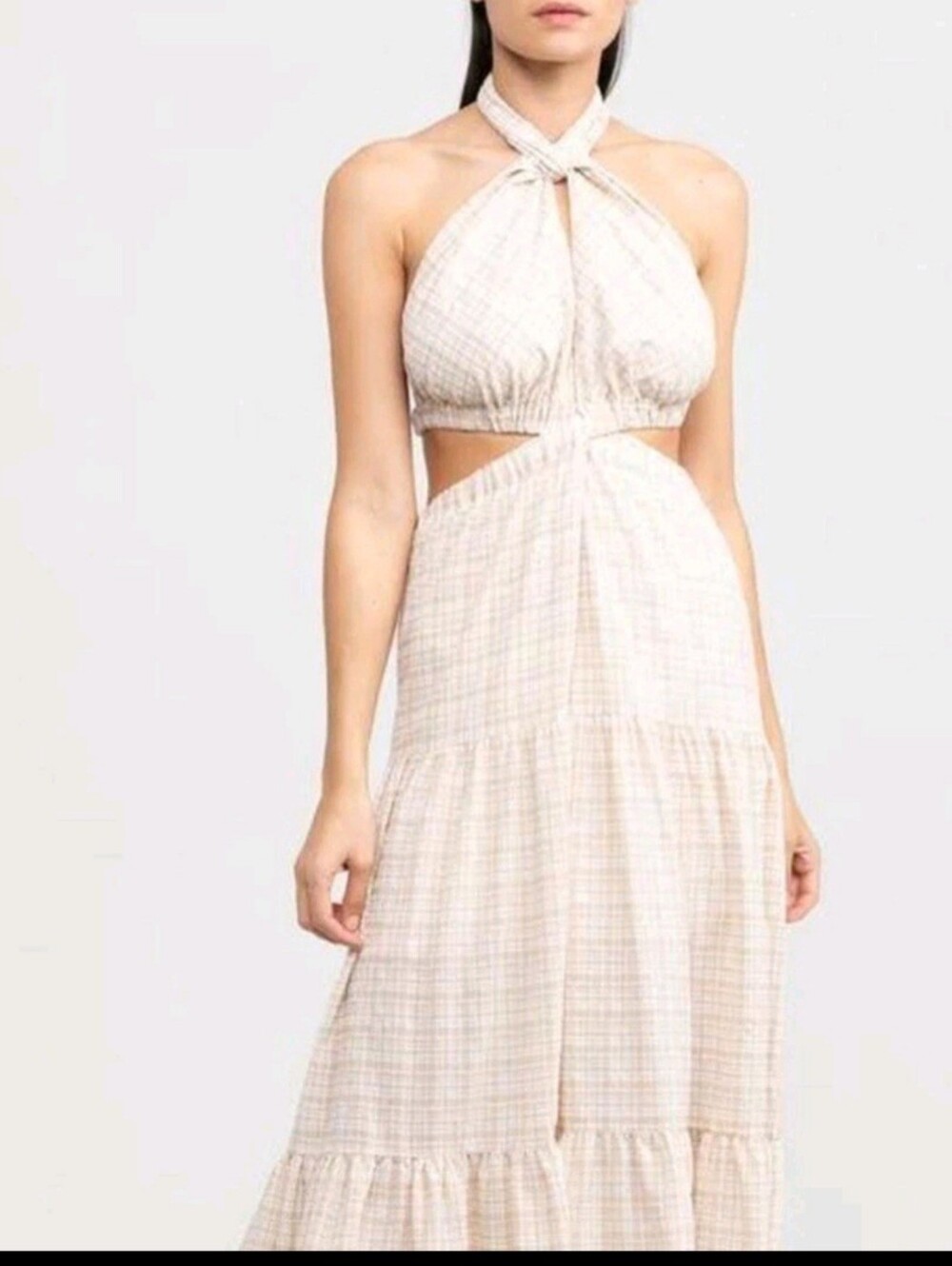 VENUS Clementine Strapless Plaid Maxi Dress in Soft Beige Size Large